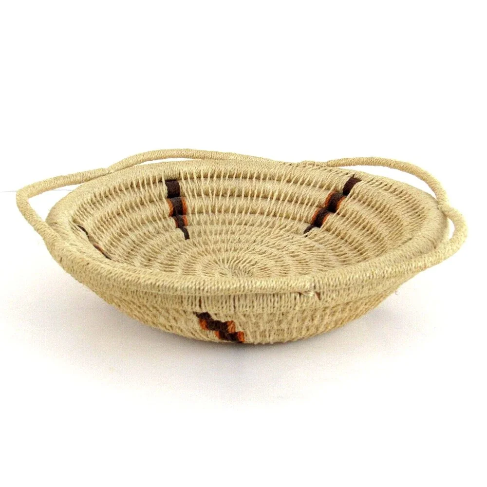 Hand Woven Coiled Basket with Handles Maroon Orange Zigzag Boho Tribal Decor